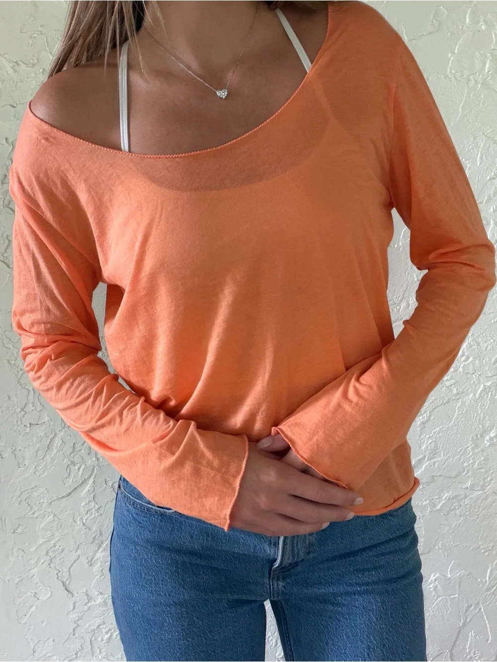 Tory Burch Lightweight Long-Sleeve Boatneck Top in Peach Orange